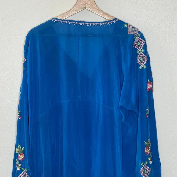 JOHNNY WAS Blue Embroidered Tunic Top Long Sleeve V Neck Floral Geometric - Picture 8 of 10